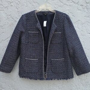 NWT Talbots Jacket Blue Tweed Rope Trim Open Blazer Frayed Fringe Size 14